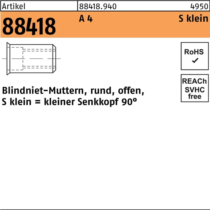 Blindnietmutter R 88418 Senkkopf M 6 - 0,25 - 3,5 A 4