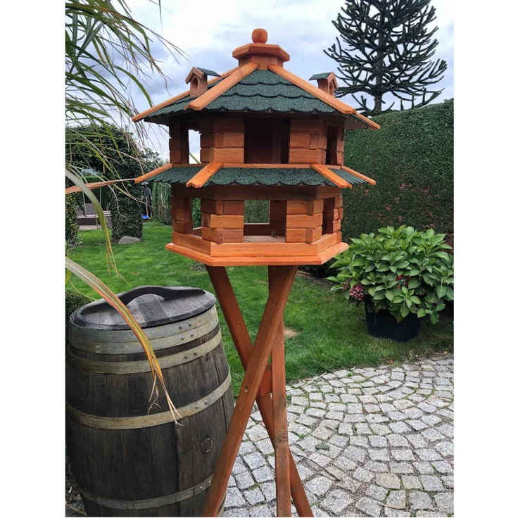 Vogelvilla L Futterstelle Sechseck Doppelstock Holz Vogelhaus+Ständer Braun-Grün