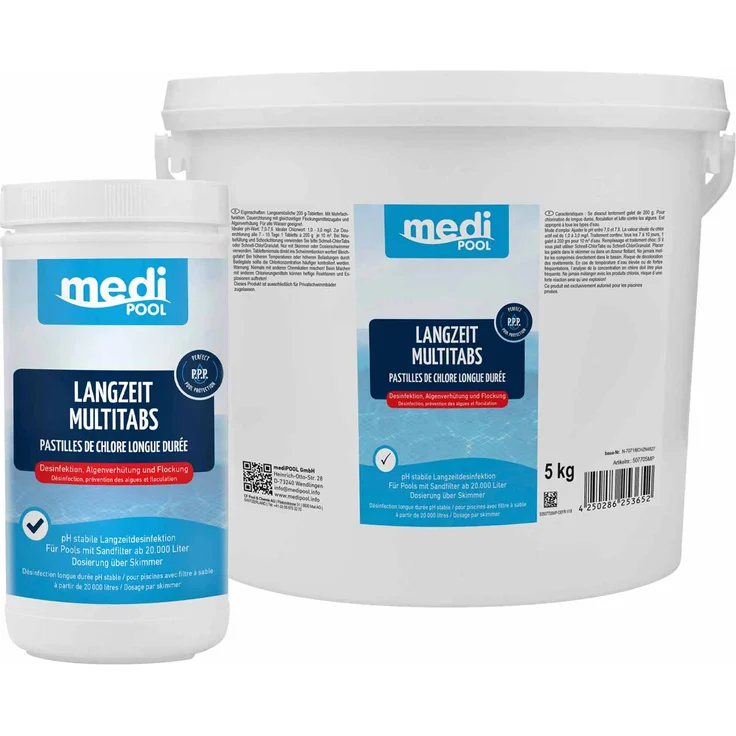mediPOOL Langzeit-Multi Tabs 200 g, Multifunktionstabletten, Chlortabletten, Dauerchlorung, Flockmittel, Poolreinigung Inhalt:1 kg – Bild 1