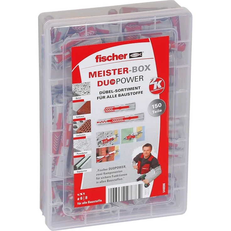 fischer Meister-Box DUOPOWER kurz-lang, Dübelbox mit 150 Teilen (60 Stück 6 x 30, 40 Stück 8 x 40, 30 Stück 6 x 50, 20 Stück 8 x 65), Universaldübel, Praktische Dübelkiste für Heimwerker und Profis - Preisvergleich – Bild 1