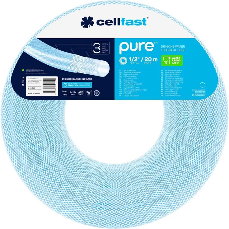 Cellfast Trinkwasserschlauch PURE 3-lagiger Schlauch gefertigt aus POE (Polyolefin-Elastomer) mit Textilverstärkung Prüfschein der Staatlichen Hygieneanstalt PZH, 12,0mm x 2,7mm. 20m, 20-140