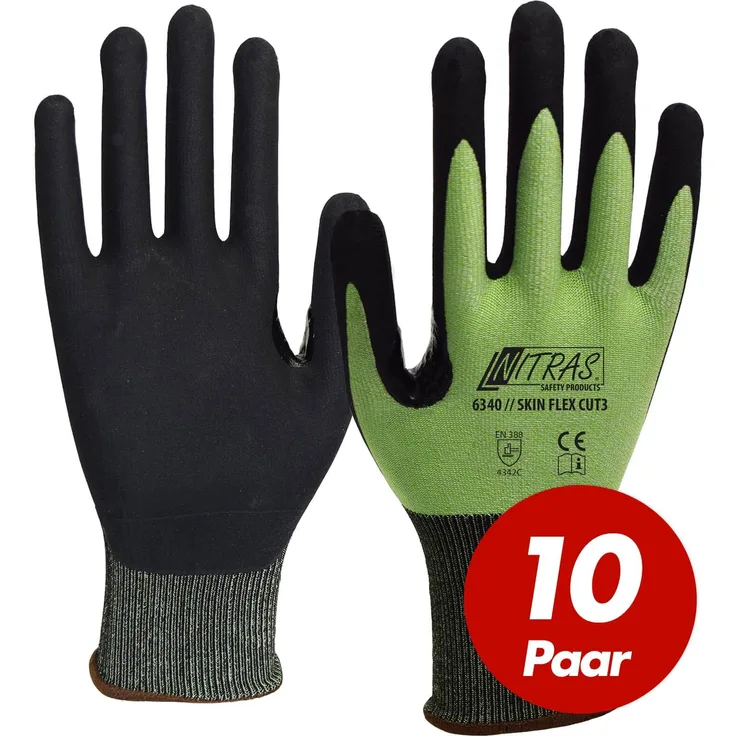 NITRAS Schnittschutzhandschuh Skin Flex 6340 CUT 3 - VPE 10 Paar perfekte Passform, verstärkte Daumenbeuge