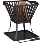 Relaxdays Feuerkorb XL mit Schürhaken, Terrasse u. Garten Feuerschale mit Unterlage, für Holz, HBT 56x56,5x45cm, schwarz