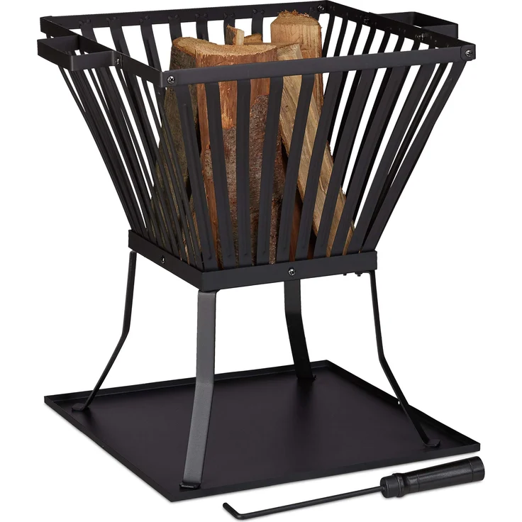 Relaxdays Feuerkorb XL mit Schürhaken, Terrasse u. Garten Feuerschale mit Unterlage, für Holz, HBT 56x56,5x45cm, schwarz – Bild 1