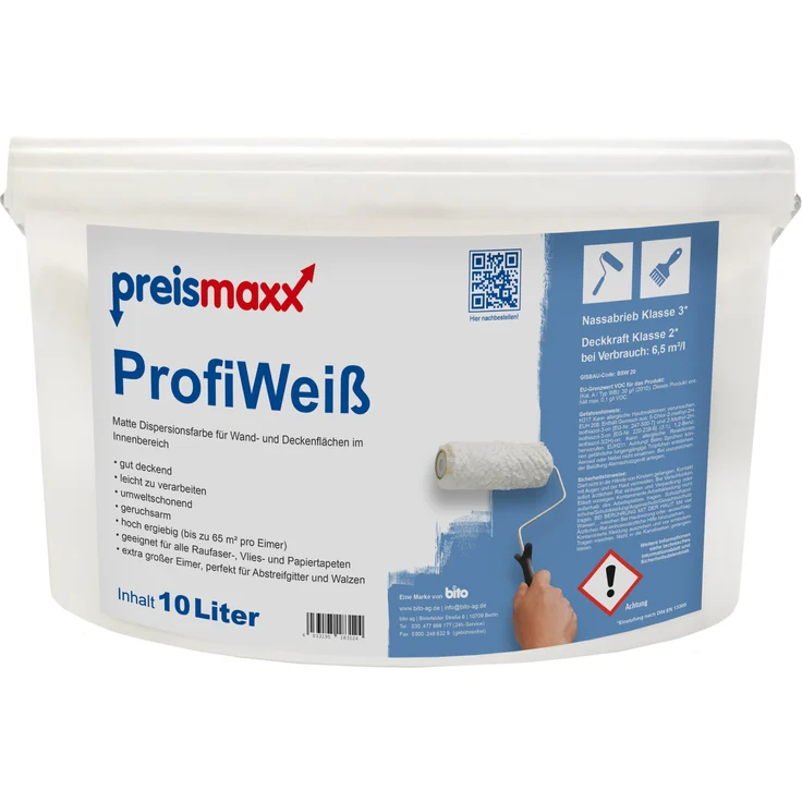 preismaxx ProfiWeiß Wandfarbe weiß 10L Deckkraft Klasse 2 Nassabrieb Klasse 3 universell einsetzbar – Bild 1