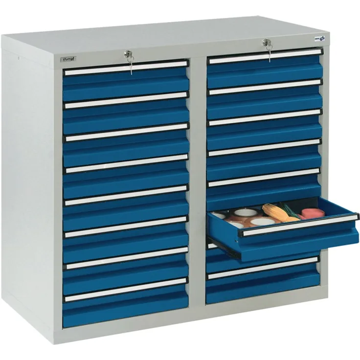 Schubladenschrank H900xB1000xT500mm lichtgrau/enzianblau 14 Schubl.STUMPF
