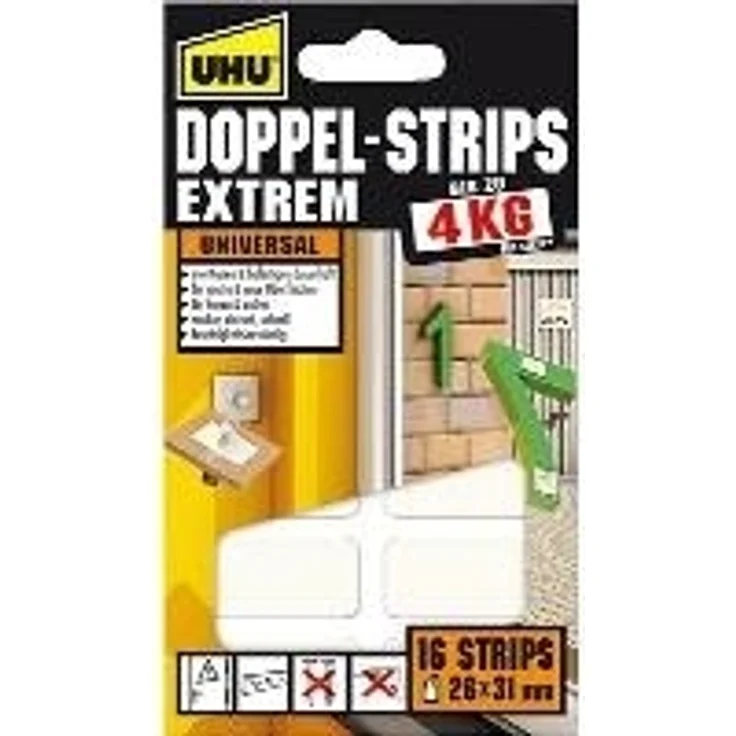 UHU 45450 Doppel-Strips Extrem, 4 kg, 26 mm x 31 mm, 16 Stück - Preisvergleich – Bild 1