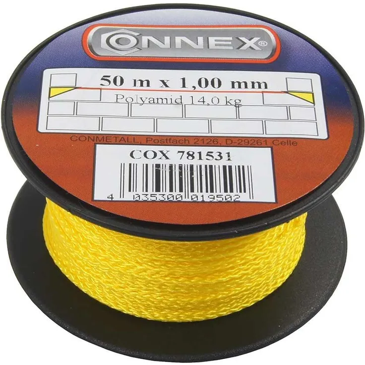Connex Maurerschnur gelb - 50 m Länge - Ø 1,0 mm - Polyethylen - Knotenfest - Reißfest & Belastbar - Auf Spule - Richtschnur - Bauschnur - Lotschnur - Pflasterschnur - COX781531