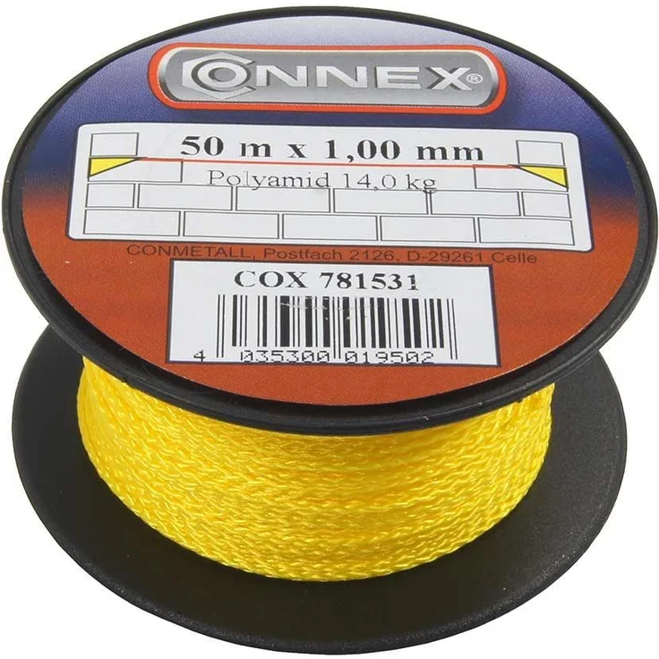 Connex Maurerschnur gelb - 50 m Länge - Ø 1,0 mm - Polyethylen - Knotenfest - Reißfest & Belastbar - Auf Spule - Richtschnur - Bauschnur - Lotschnur - Pflasterschnur - COX781531