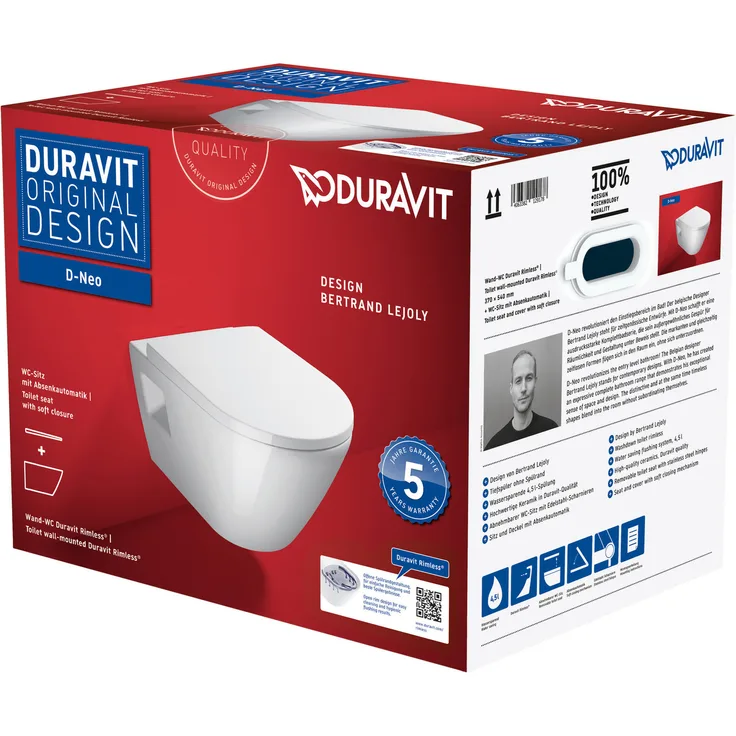 Duravit D-Neo Wand-WC Set, mit Tiefspül WC spülrandlos und WC-Sitz mit Absenkautomatik, 45780900A1 - 45780900A1