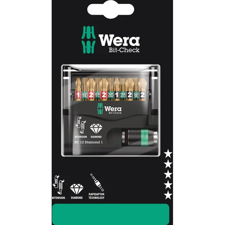 Wera Bit-Check 12 Diamond 1 SB 05136392001 Bit-Set 1/4 (6.3 mm) inkl. Bithalter