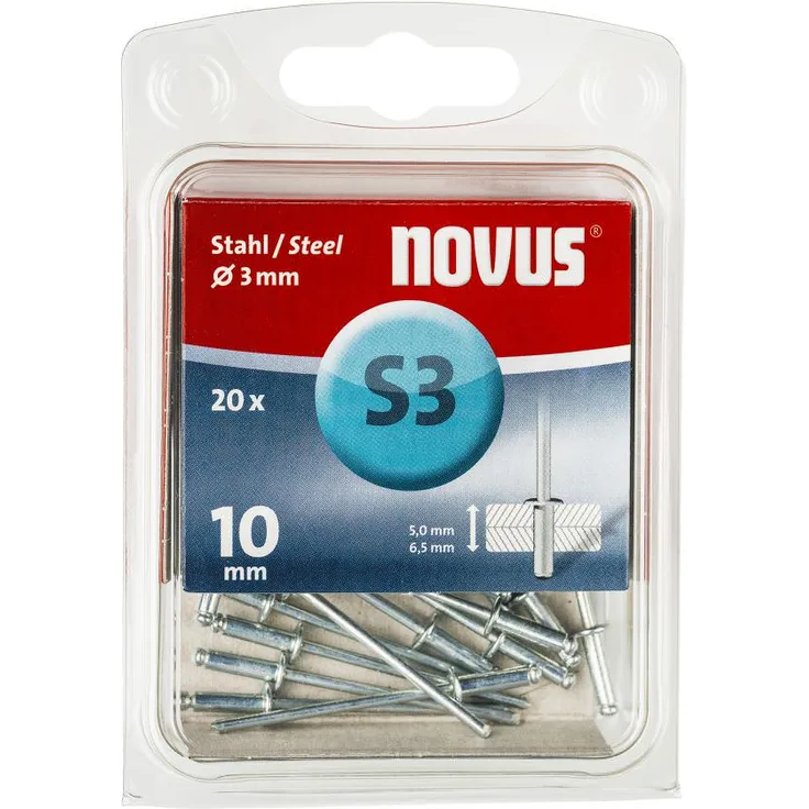 Novus Stahl-Blindnieten mit 10 mm Länge, 20 Nieten, Ø 3 mm, 5.0 - 6.5 mm Klemmlänge, zur Befestigung von Stahlblechen
