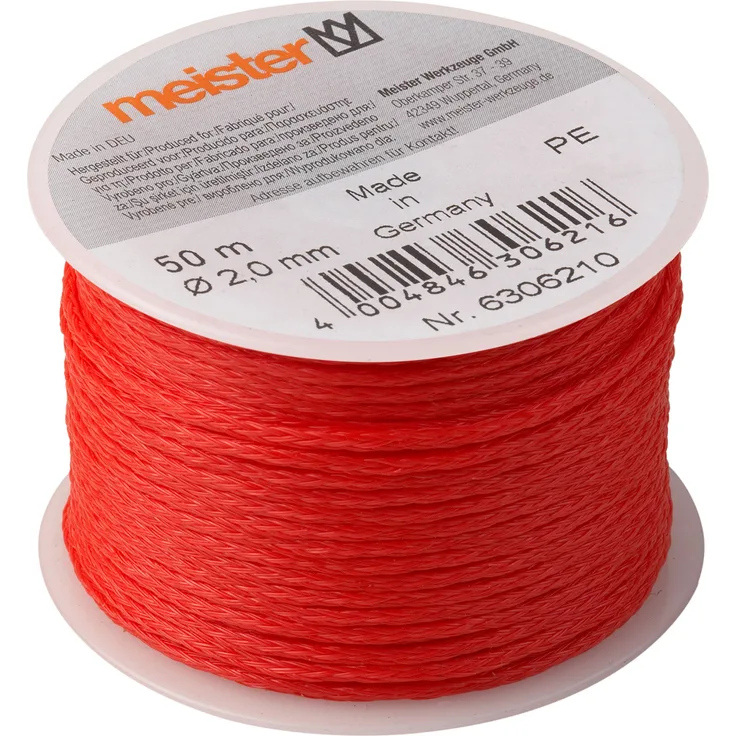 Meister Maurerschnur rot - 50 m Länge - Ø 2,0 mm - Polyethylen geflochten - Knotenfest - Reißfest & Belastbar - Auf Spule - Richtschnur - Bauschnur - Lotschnur - Pflasterschnur - 6306210