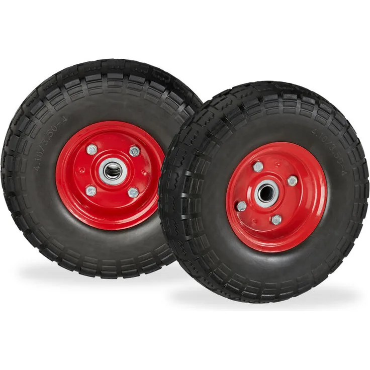 Relaxdays - 2 x Sackkarrenrad, pannensichere Vollgummireifen, 4.1-3.5-4', für 16 mm Achse, bis 150 kg, 260x85 mm, schwarz-rot
