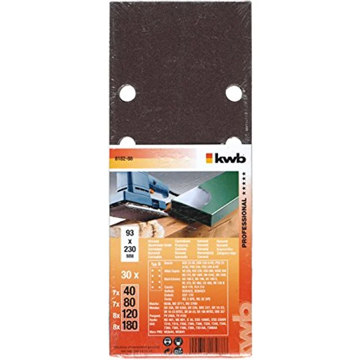 kwb Quick-Stick Schleifpapier – für Schwing-Schleifer K 40, K 80, K 240, für Holz und Metall, 93 mm x 230 mm, Korund, gelocht Typ-B (30 Stk.) – Bild 1
