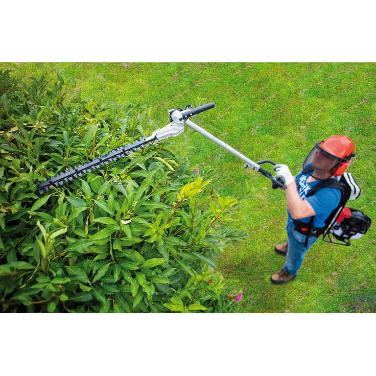Scheppach 5904805903 Backpacker 4 in 1 = Motorsense, Rasentrimmer, Heckenschere, Hochentaster | Benzin Multitool mit 2 Taktmotor und 51,7 cm³ auf Rucksack? | 1,3 kW (1,8 PS), 16,5 kg – Bild 4