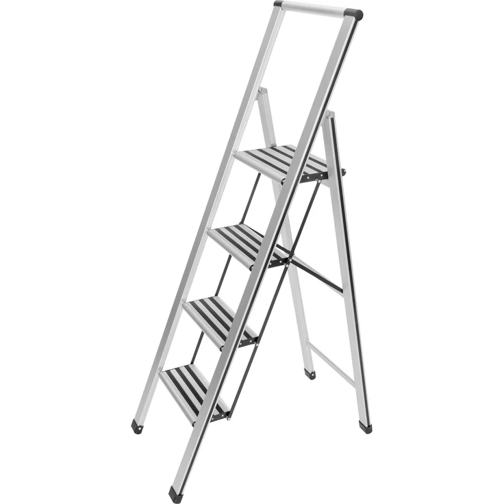 WENKO Leichte Aluminium Trittleiter mit 4 Stufen für 100 cm höheren Stand, rutschsichere XXL-Stufen, Design Klapptrittleiter mit 44 x 153 x 5,5 cm, Süd zertifiziert, matt silber – Bild 1