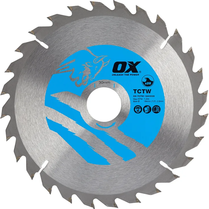 OX OX-TCTW-1843028 Wood Cutting Circular 184-30mm, 28 Teeth ATB Saw Blade, Silver-Blue, 184-30 mm
