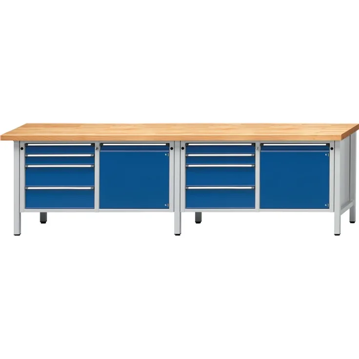 Werkbank V B2800xT700xH840mm Buche massiv grau blau 4 Schubl.1 Tür ANKE
