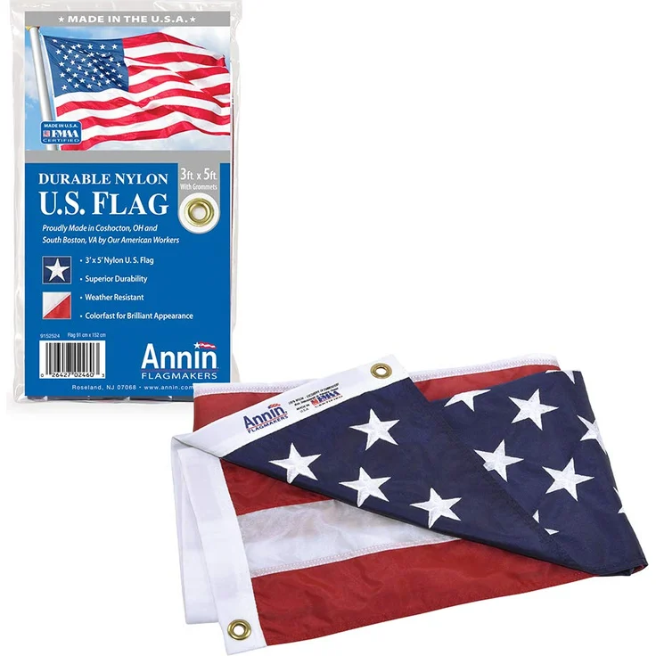 Annin Flagmakers Model 2460 American Flag Nylon SolarGuard NYL-Glo, 3x5 ft, 100% Made in USA with Sewn Stripes, Embroidered Stars and Brass Grommets – Bild 1