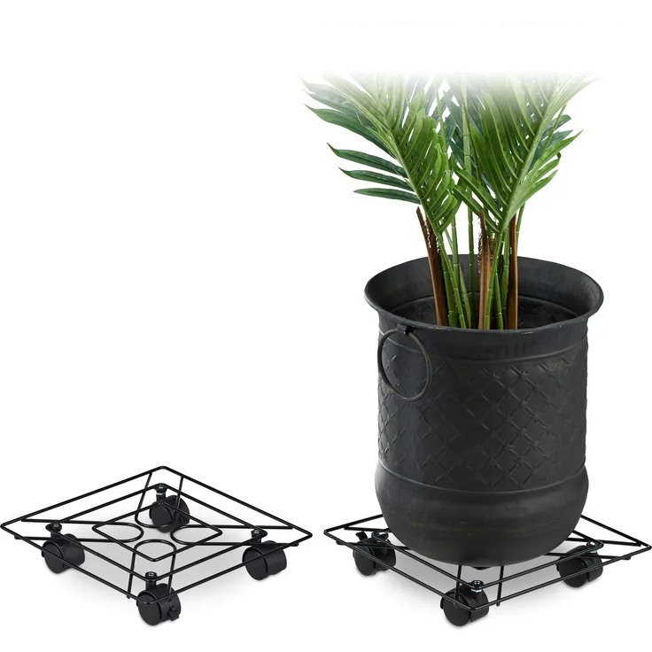 Relaxdays Pflanzenroller eckig, 2er Set, innen & außen, mit Bremse, Rolluntersetzer Blumentopf, Metall, 28x28cm, schwarz, 2 Stück