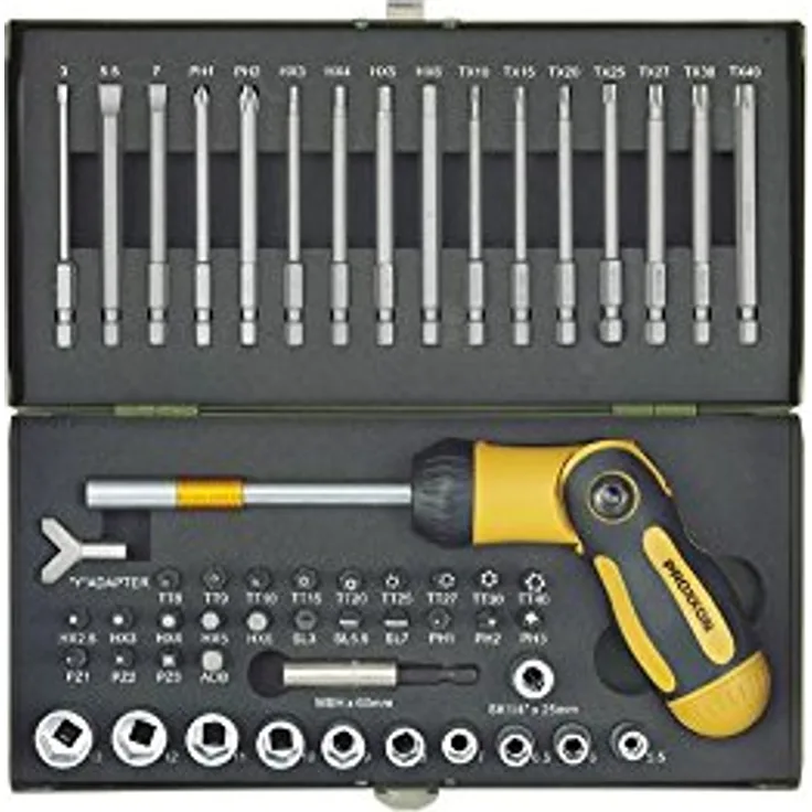 Proxxon 23104 Schraubendreher/ Ratsche/ Bits Set, Steckschlüsseleinsätze, Magnethalter, 54-teilig