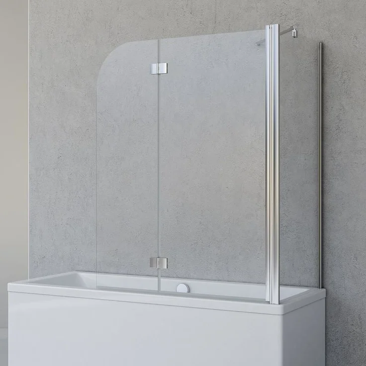 Duschabtrennung für Badewanne Angle, 2-teilig mit Seitenwand, Profilfarbe Chromoptik, 5 mm Sicherheitglas (ESG) Klar hell, Faltwand: 112 x 142 cm, – Bild 1