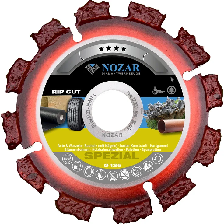 NOZAR Rip Cut Ø125 mm mit Bohrung 22,23 mm ( 6702161) Hartmetall-Trennscheibe für Holz inkl. Nägel, Hartholz, Dachpappe, Bitumenbahnen, Gummi, Kunststoff & dünne Bleche - perfekt für Dachdecker & Zimmermänner
