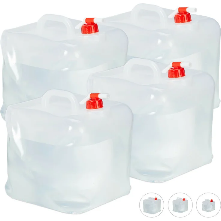 Relaxdays - Faltkanister 4er Set, 20 l, Hahn, Schraubdeckel, Tragegriff, Wasserkanister Camping, BPA-frei, transparent-rot – Bild 1