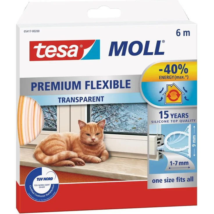 tesamoll Premium Flexible - Selbstklebende Silikondichtung zum Isolieren von Spalten an Fenstern und Türen - Transparent - 6 m x 9 mm x 7 mm