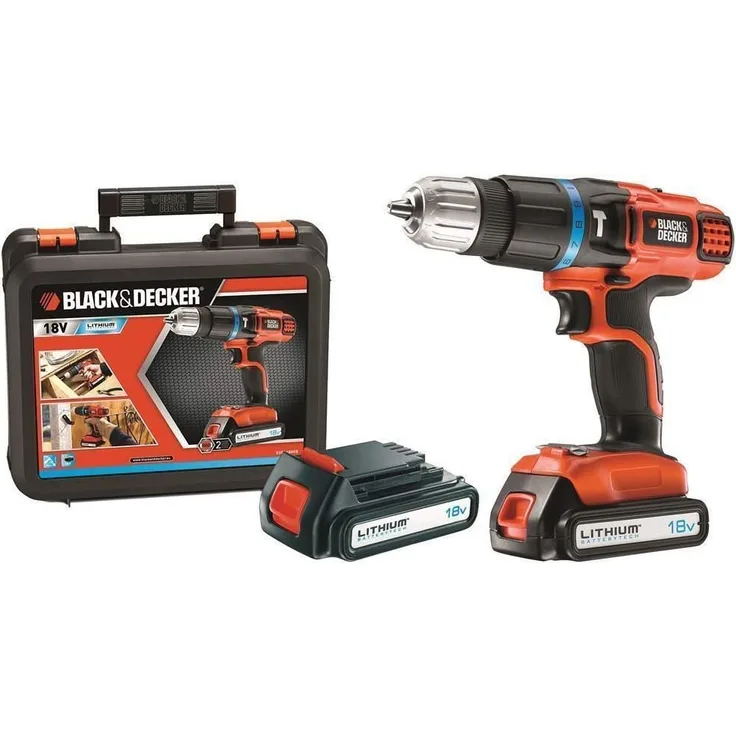 Black+Decker 2-Gang Li-Ion Akku Schlagbohrschrauber EGBL188KB Akku Bohrschrauber für Holz, Metall und Stein Schlagbohrmaschine inkl. Koffer, 2 Akkus 1.5Ah, Doppelbit und Ladegerät