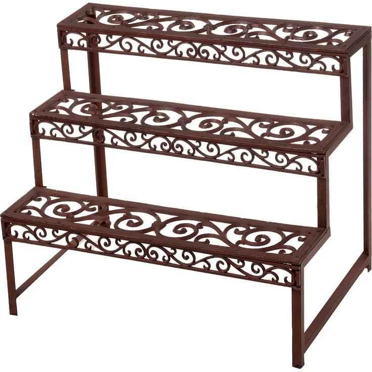 Esschert Design Balkon Pflanzentreppe, Blumenregal aus rötlichem Gusseisen, rechteckig, ca. 79 cm x 49 cm x 66 cm