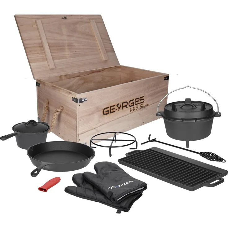 9 teiliges Premium Dutch Oven Set in Holzkiste Dutch Oven, Grillplatte, Topf, Pfanne uvm.
