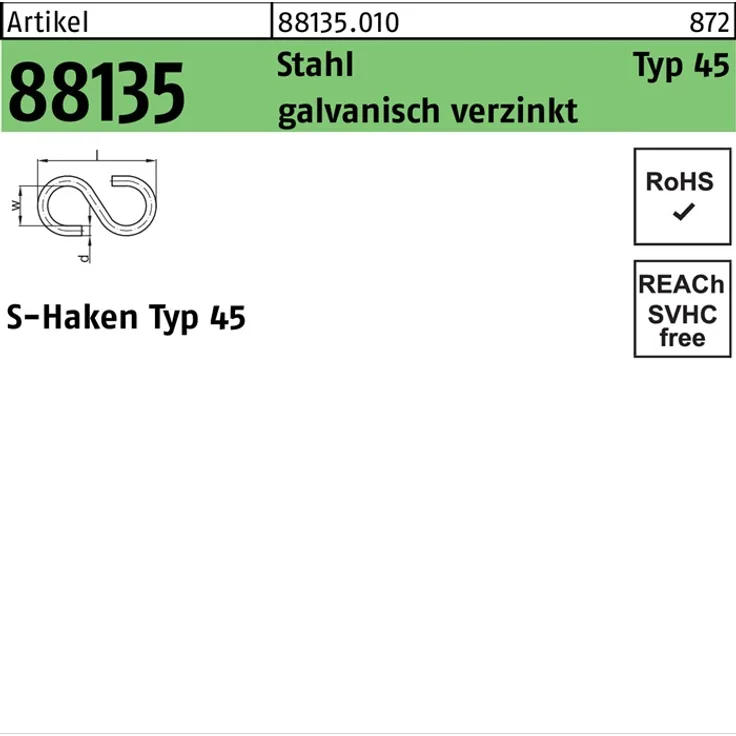 DIVERSE S-Haken R 88135 Typ 45 60 x 18 x 5,8 Stahl galvanisch verzinkt