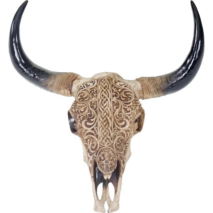 Deko Schädel 45cm, Polyresin Stier Bulle Longhorn Kopf Trophäe mit Tribal, In--Outdoor