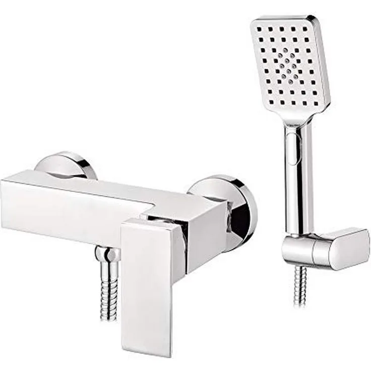 IBERGRIF M12005 Eckig Duscharmatur Set, Brausebatterie mit Duschkopf, Duschkopfhalter, und Brauseschlauch, Chrom, Silber