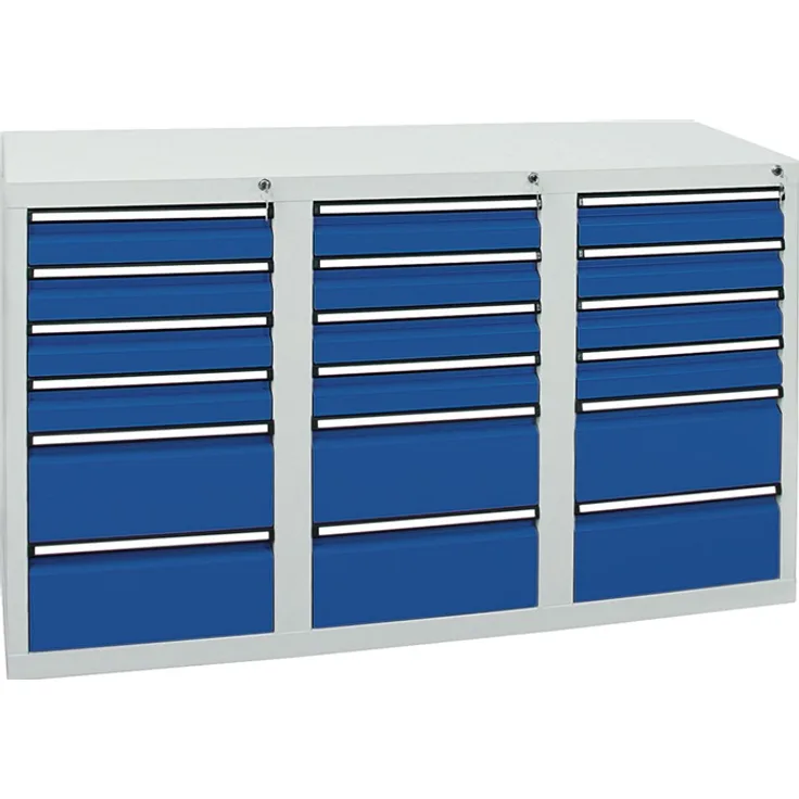 Schubladenschrank H900xB1500xT500mm lichtgrau/enzianblau 18 Schubl.