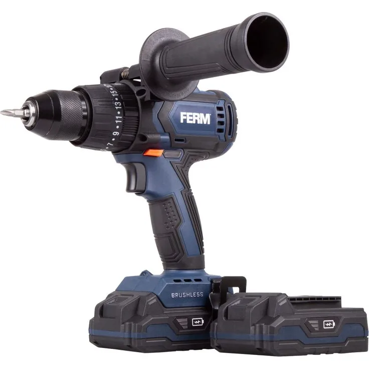 Ferm - Akku-Schlagbohrmaschine 20V - Brushless - 3 Funktionen: Schlagbohren, Bohren und Schrauben - Inkl. 2x 2,0Ah Akku, Schnellladegerät und