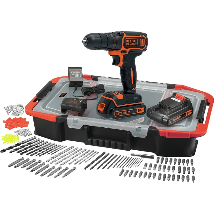 Black+Decker BDCDC18BAST-QW Akku-Bohrschrauber, 160 Zubehör, 18 V-1,5 Ah-2 Akkus