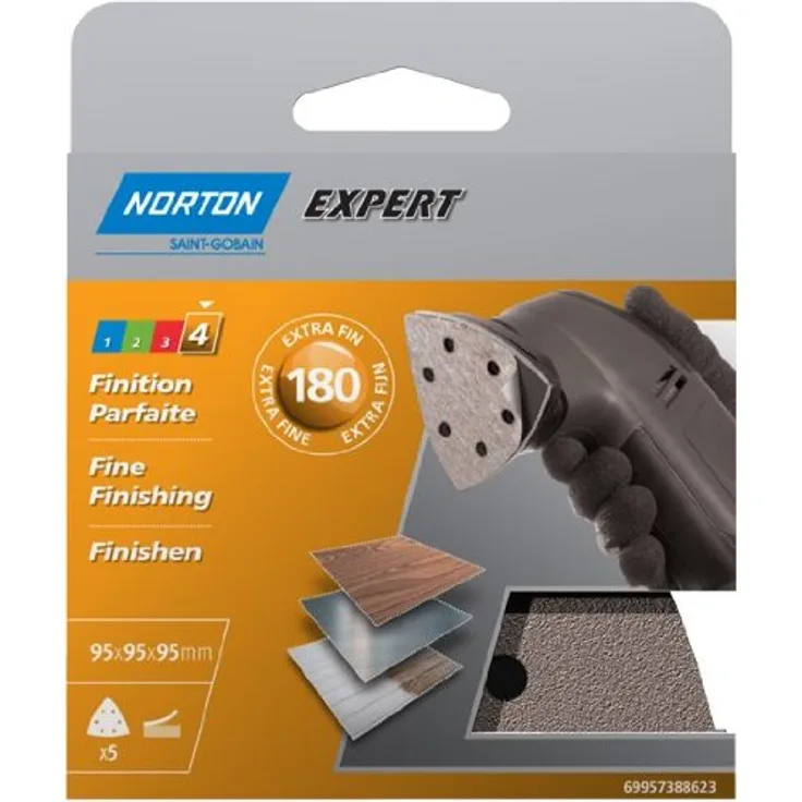 Norton Selbstmontage-Schleifpapier, 5 Blatt mit 6 Löchern, für dreieckige Schleifmaschine, Durchmesser 95 mm, Körnung 180, 5 Stück