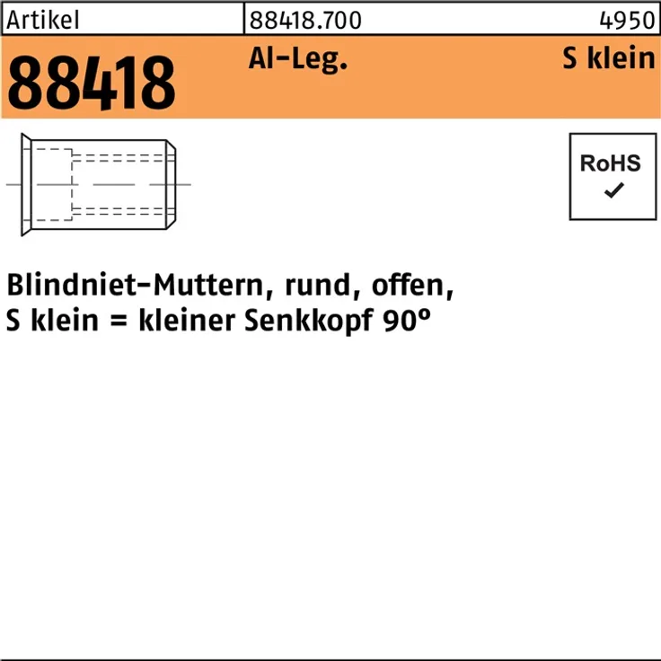 Blindnietmutter R 88418 Senkkopf M 6 -0,5 -3,5 Aluminium