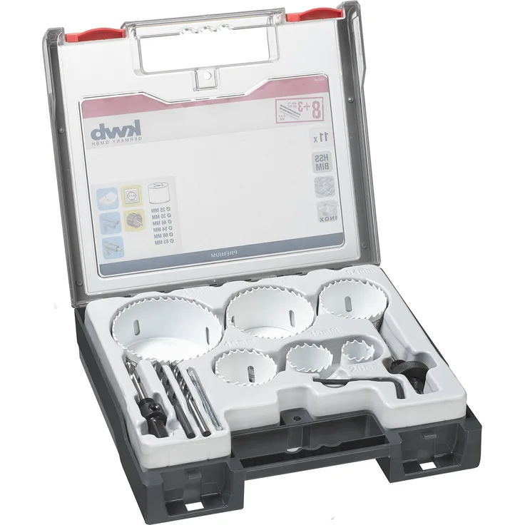 kwb 8 tlg. Lochsägen-Set mit Vario Zahnung, zusätzlich mit je einem 6 mm Holz-Bohrer, Metall-Bohrer & Glas-Bohrer