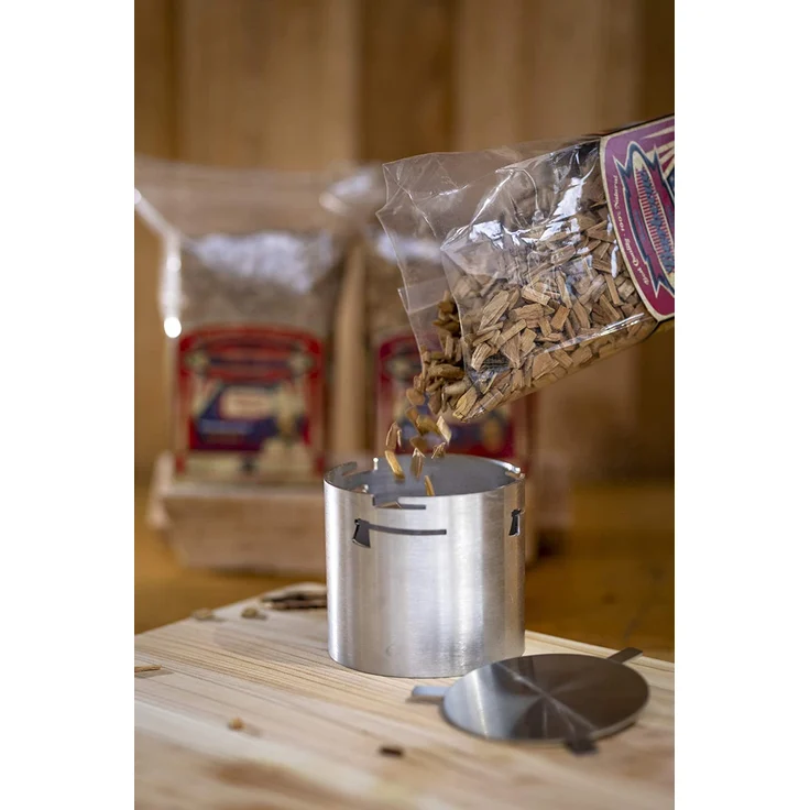 Axtschlag Räucherbox Smoker Cup, für Räuchermehl und Räucherchips in Kohle-, Gas- und Elektrogrills, extra starker Edelstahl, inkl. Deckel, 90 x 80 mm – Bild 3