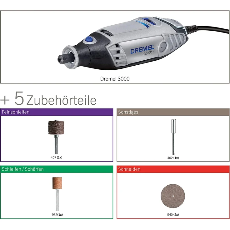 Dremel 3000 Multifunktionswerkzeug, 130W, Set mit 5 Zubehören, Variable Drehzal 10.000-33.000 U-min zum Schneiden, Schleifen, Gravieren, Polieren, Schärfen, Reinigen, Schnitzen – Bild 3