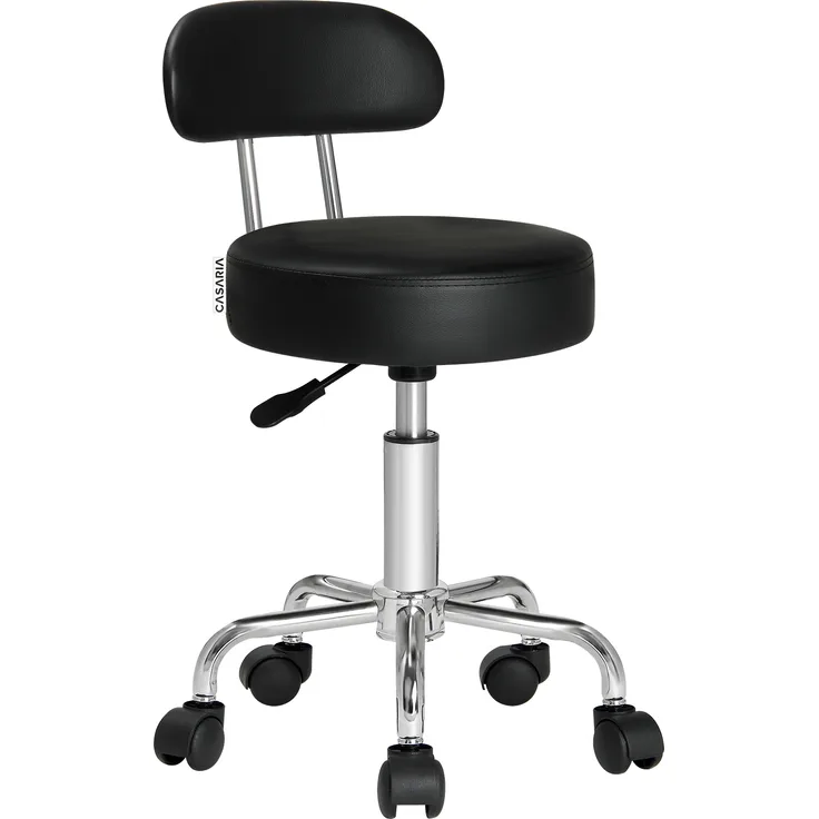 Casaria Rollhocker Arbeitshocker mit Lehne höhenverstellbar 10cm dicke Polsterung Fußablage 360 drehbar chrom Drehhocker Werkstatt schwarz