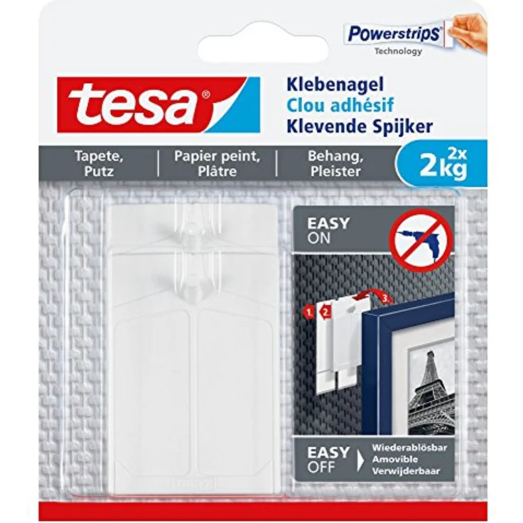tesa Klebenagel für Tapeten und Putz - Selbstklebende Nägel für empfindliche Oberflächen - Leicht anzubringen und zu entfernen - rückstandslos - 2 x 2kg Halteleistung – Bild 1
