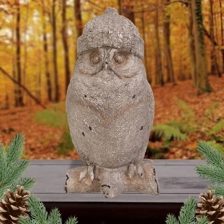 Deko-Eule Wollmütze Tierfigur Eulenfigur Gartendeko Winterdeko Mütze Uhu Kauz