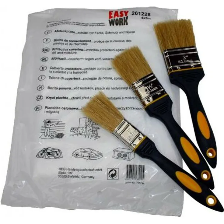 Flachpinsel 3er Set mit Maler Abdeckfolie im Set Malerpinsel
