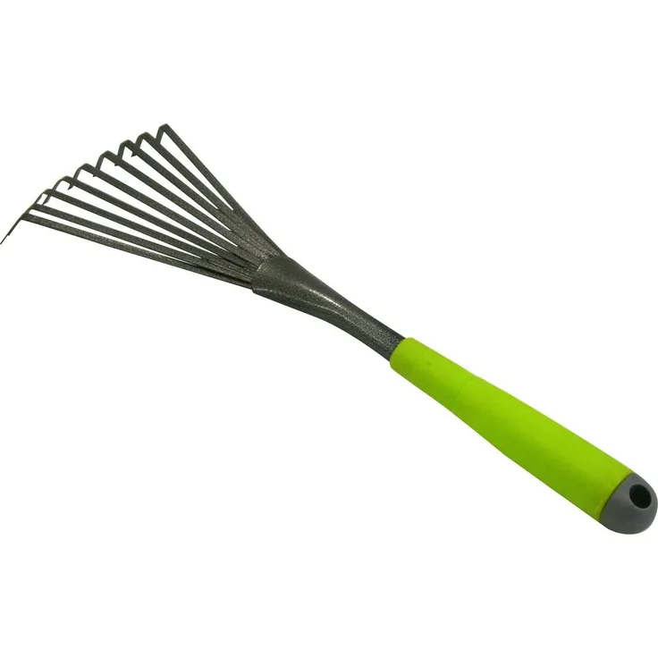 Xclou Kleinbesen in Schwarz, pulverbeschichteter Rechen mit Silber-Hammerschlag, Kleinrechen mit formgerechter Handgriff, Gartenwerkzeug mit 9 flachen Federstahlzinken, rostfreie Laubharke