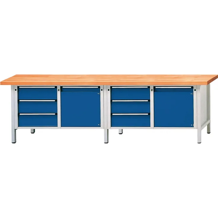 Werkbank V B2800xT700xH840mm Buche massiv lichtgrau enzianblau 3Schubl.1Tür ANKE